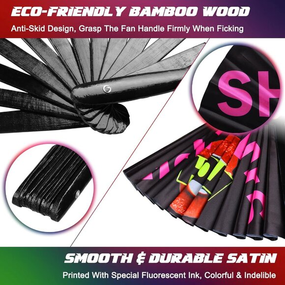 Folding Hand Fan for Women - UV Glow Rave Hand Fan Large Bamboo Hand Held Chines - Picture 5 of 8